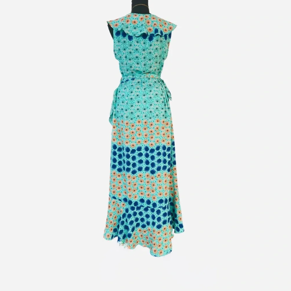 DONNA MORGAN ~ Teal Orange Blue Ruffled Floral High Low Wrap Dress size 16